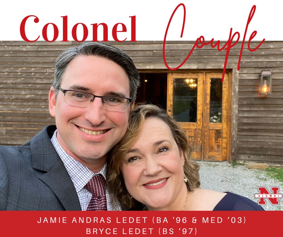 AlumniNicholls's tweet photo. Our #ColonelCouple is Jamie Andras Ledet (BA '96 & MEd ‘03) and Bryce Ledet (BS ‘97)❤️ https://t.co/M1swDMrc5k
