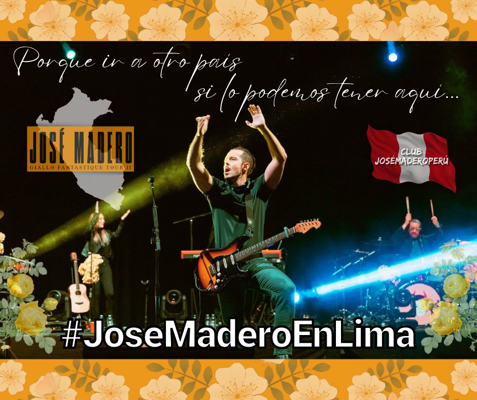 JoseMaderoPeru's tweet photo. 📣Hola Amig@s...📣
Estamos a pocos meses del inicio de #GialloFantastiqueTourII💛en #Sudamérica y nosotros estamos ansiosos😊.Esperamos que esta semana, se pueda confirmar nuestro país🇵🇪. 
Todos queremos disfrutar de este show, aquí en #Lima🛬💛🧳
.
.
.
#JoseMaderoEnLima https://t.co/DAvbPdoOG1