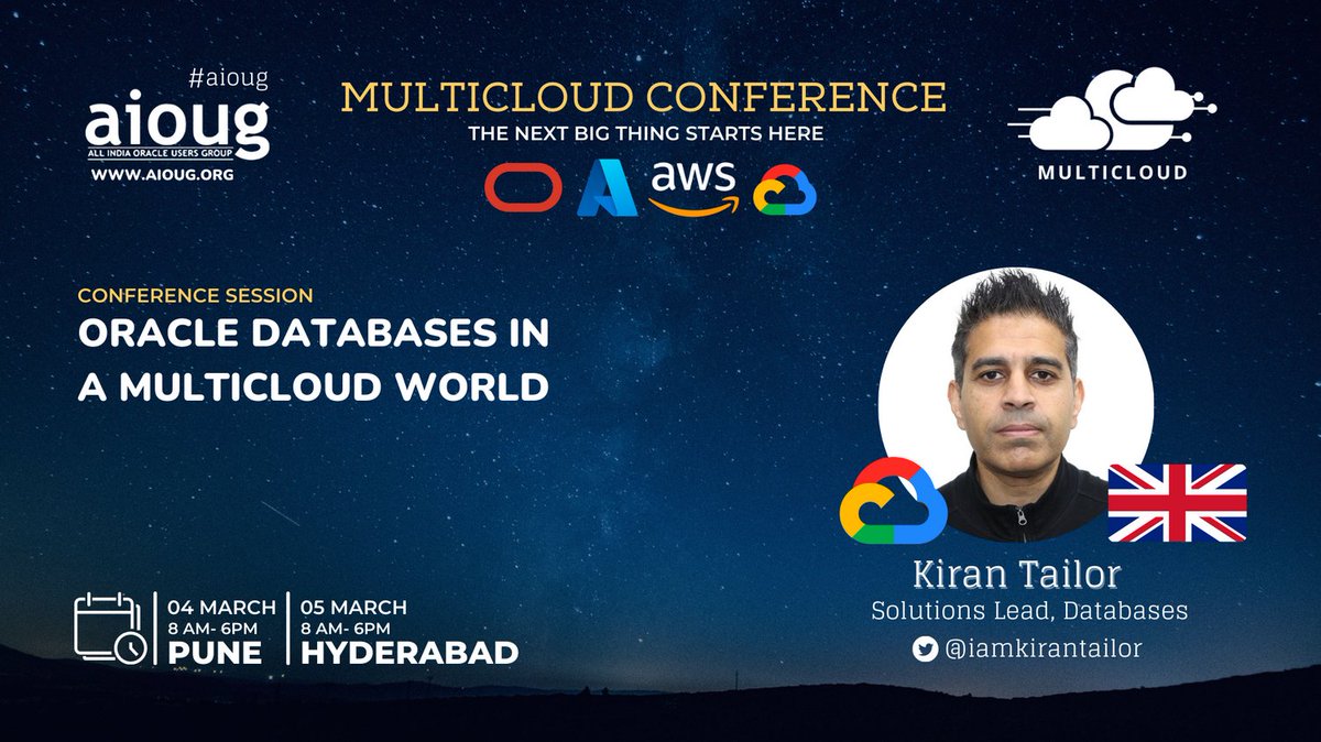 AIOUG's tweet photo. Don’t miss the opportunity to learn from Kiran Tailor @iamkirantailor presenting -Oracle Databases in a Multicloud World https://t.co/943MOEMEXs.
Register NOW!! https://t.co/oOlRG3lIQ7
#Multicould @oracleugs @OracleCloud @Azure @awscloud @googlecloud https://t.co/DWdpP5AyNf