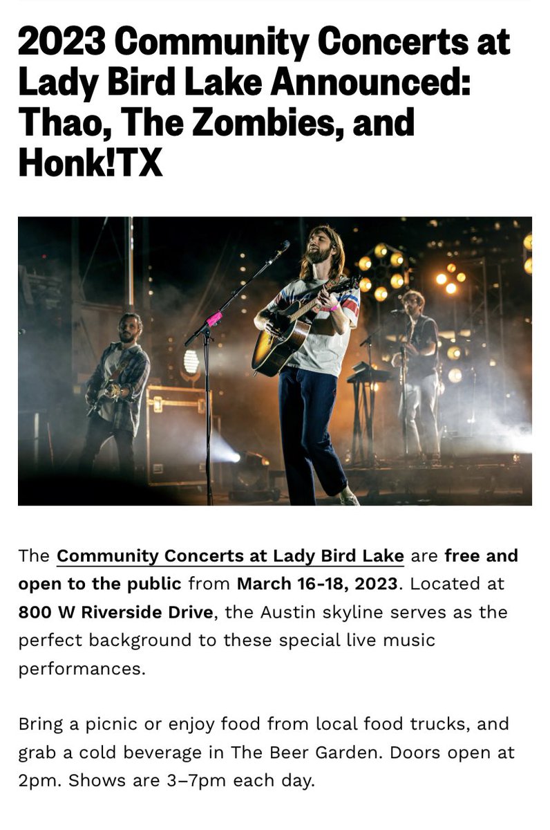 RSVPATX's tweet photo. The lineup for The SXSW 2023 Community Concerts at Lady Bird Lake is out!

🗓️ 3/16 - 3/18, 3 - 7 PM daily

📍800 W Riverside Dr Austin TX

🎟️ Free, no RSVP / badge needed, open to all ages

📎: https://t.co/KxbSytzXeJ

For more events:

👉 https://t.co/wwo0VhzaCl

#SXSW2023 #SXSW https://t.co/kLeN2f7GIy