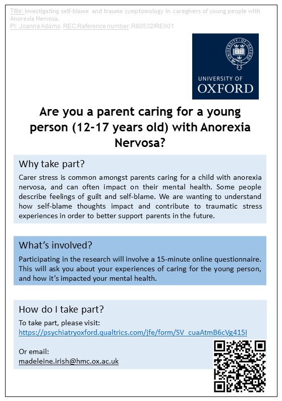❗️Are you caring for a young person with #anorexia❗️

Please consider completing our anonymous survey investigating thoughts of self-blame: 

psychiatryoxford.qualtrics.com/jfe/form/SV_cu…

#eatingdisorders #edcarer #edrecovery #EDAW #EatingDisorderAwarenessWeek 

Please RT 🙏