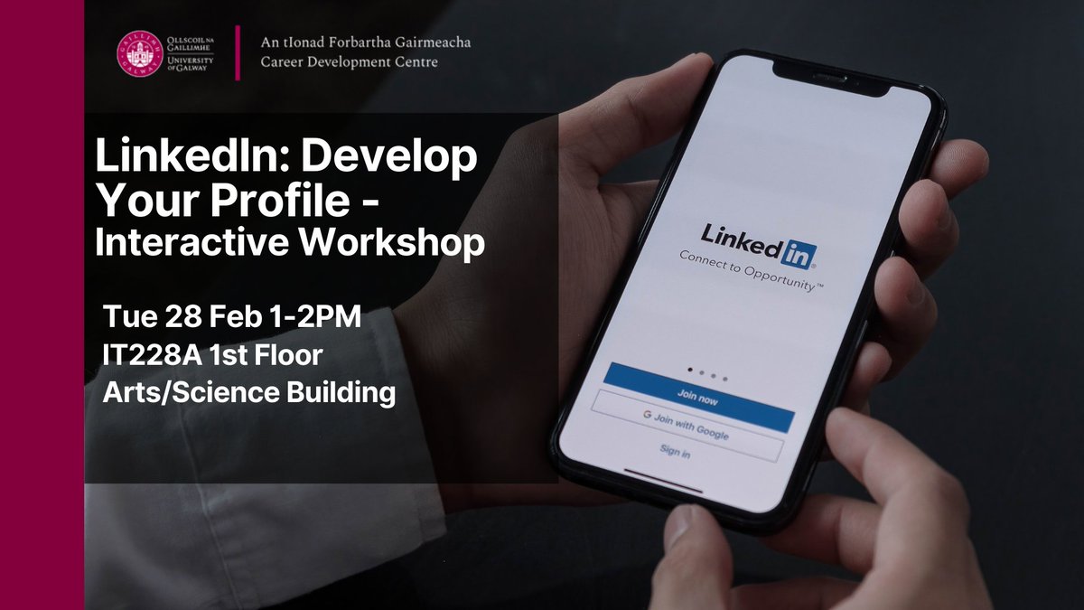 Join us to learn how to set up your profile and get helpful tips for job searching and social networking using LinkedIn.
PC Suite – 228A 1pm Tues 28th Feb
Limited spaces. 
nuig.gradireland.com/leap/event.htm…
#employability 
@GalwayDigiChamp @UniOfGalwaySU