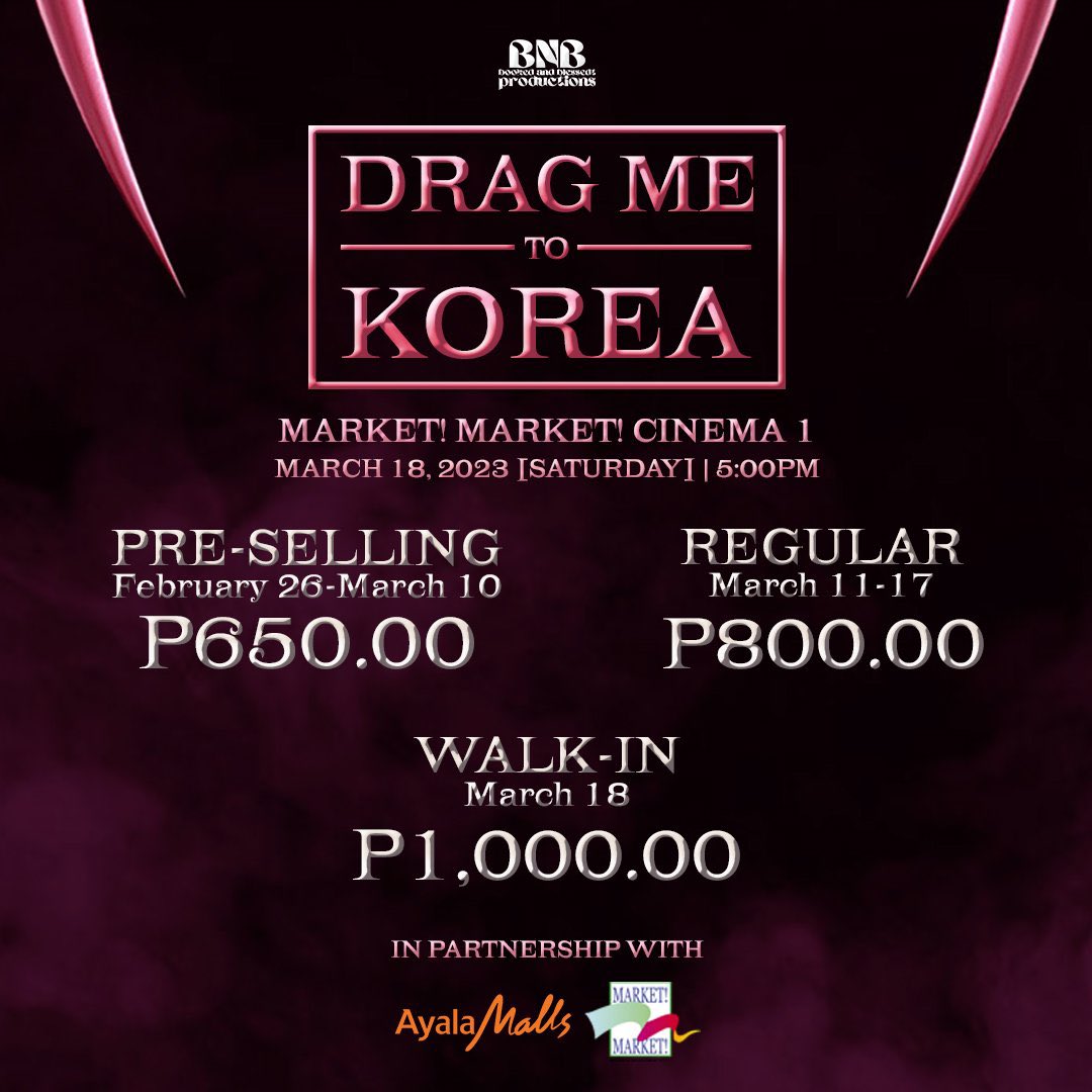 the_jquinn's tweet photo. DESTINATION: UNLOCKED 

In partnership with Ayala Malls and Market! Market!, Drag Me To Korea: BLACKPINK will be held in Market! Market! Cinema 1 at 5PM on March 18, 2023.

Make sure to avail of our pre-selling discounts to save but hurry because limited supplies only. https://t.co/K0qYXnVfET
