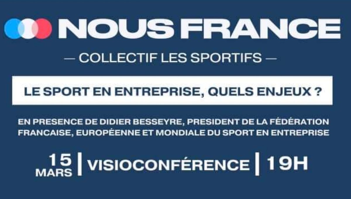 #NousFrance #Entreprise #sport J-16 avant notre visio <a href="/SportifsXB/">Nous France - Collectif des Sportifs</a>
valoriser le travail c’est aussi permettre aux salariés de s’épanouir dans le sport source de bien être et de bonne santé. le Pdt de la <a href="/ffsefrance/">Fédération Française du Sport Entreprise</a> sera notre invité 
Pour vous inscrire
⤵️
lnkd.in/eX4h5vkg