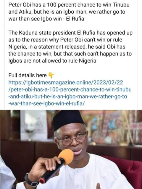 AGUBARRACKAB22's tweet photo. Here is the reason why they're doing everything possible to rig the election because Peter Obi is an Igbo man. Now where is the so called one Nigeria? #Benue #Plateaustate #PDPAndLP #Borno #LagosAndRivers https://t.co/bAVdgpjrjZ