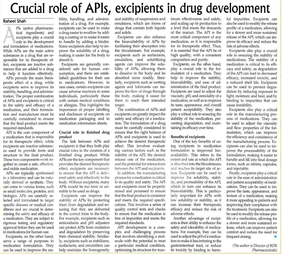 BDRPharma's tweet photo. Raheel Shah, Director of BDR Pharma, on how drug development goes hand-in-hand with APIs and excipients, as published by @pharmabiznews
#drugs #Pharmaceuticals #WithinReachforEach #healthcare https://t.co/MyD41BWDTs