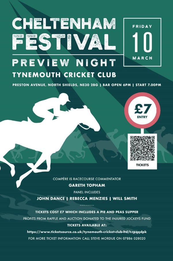 Still a few tickets left for annual @TynemouthCC Cheltenham Festival preview on Friday 10th March… Always a great night - plenty of laughs, winners & fun to be had! As always, some wise words will be offered by @garethtopham, @johnedance & @RebeccaEMenzies - don’t miss out!