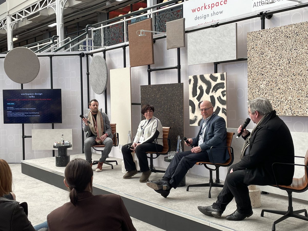 Interesting discussion #workplacedesignshow offices need to be less about desks, a hospitality vide in much more of what’s needed today. <a href="/lloydsbankinggp/">Lloyds Banking Group</a> <a href="/Oktra__/">Oktra</a> <a href="/JohnLewisRetail/">John Lewis & Partners</a> <a href="/markeltro/">Mark Eltringham</a> <a href="/CrownWorkspace/">Crown Workspace</a>
