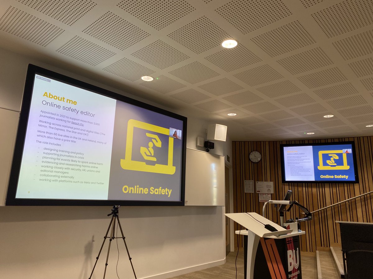 Our thanks to ⁦<a href="/RebeccaWMedia/">Dr Rebecca Whittington</a>⁩ for speaking to us today ⁦<a href="/Journalism_BU/">Journalism at Bournemouth Uni</a>⁩ about online harms and the vital importance of and ways to protect ourselves so we can get on with our work as journalists. ⁦<a href="/CEMPBU/">CEMP</a>⁩