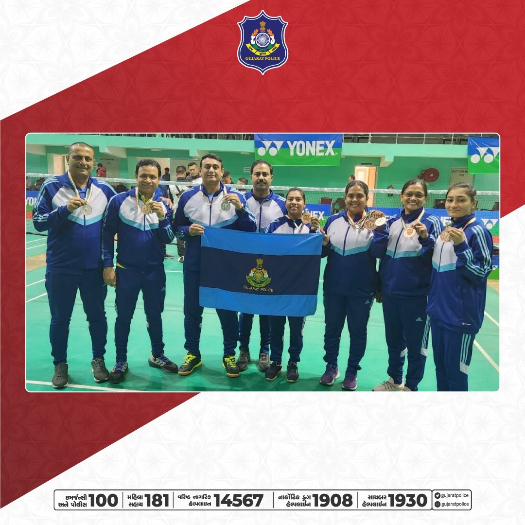 AdgpArmed's tweet photo. ચંદીગઢ ખાતે આયોજિત “51th All India Police Badminaton Championship 2022-23" સ્પર્ધામાં ગુજરાત પોલીસની ટીમ દ્વારા ભાગ લઇ, ૧ સિલ્વર અને ૪ બ્રોન્ઝ મેડલ મેળવી ગૌરવશાળી સિદ્ધિ હાંસલ કરેલ, જે બદલ અ.પો.મ.નિ.શ્રી, હ.એ.ગુ.રા.,ગાંધીનગરનાઓ તરફથી ખુબ અભિનંદન #Badminaton  @dgpgujarat https://t.co/zEjID57KGp