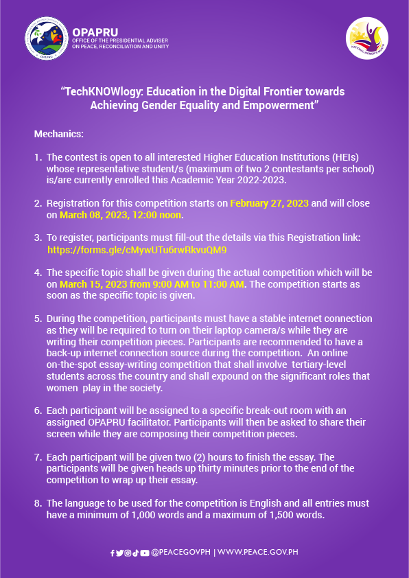 peacegovph's tweet photo. LOOK! The OPAPRU is inviting all college students to join our Online On-the-Spot Essay Writing Competition! โจโจโจ
See mechanics below. Registration starts now! ๐๐๐
#TechKNOWlogy #GenderEqualityAndEmpowerment #WEcanbeEquALL #NWMC2023 https://t.co/NRitShsXgf