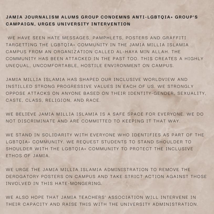 Jamia Journalism Alums Group condemns the anti-LGBTQIA+ group’s campaign and urges <a href="/jmiu_official/">Jamia Millia Islamia (NAAC A++ Grade Central Univ)</a>'s intervention. 

We request students to stand shoulder to shoulder with the #LGBTQIA+ community to protect the inclusive ethos of Jamia.

#SayNoToBigotry #EqualRights #HumanRights