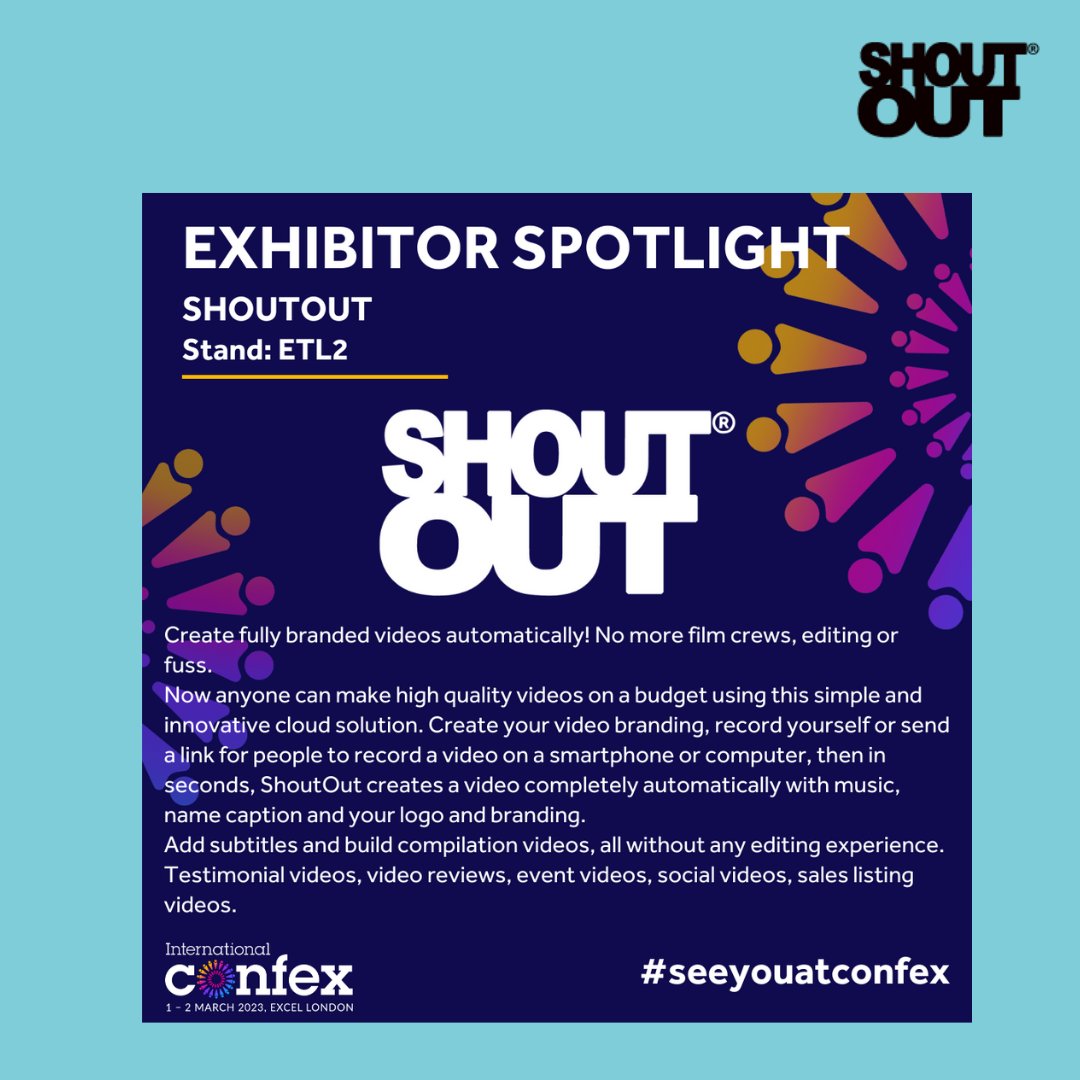 We are excited to be attending the @IntlConfex event on 1st & 2nd March - Stand ETL2 #shoutoutsocial #seeyouatconfex #shoutoutvids #internationalconfex #confex2023
