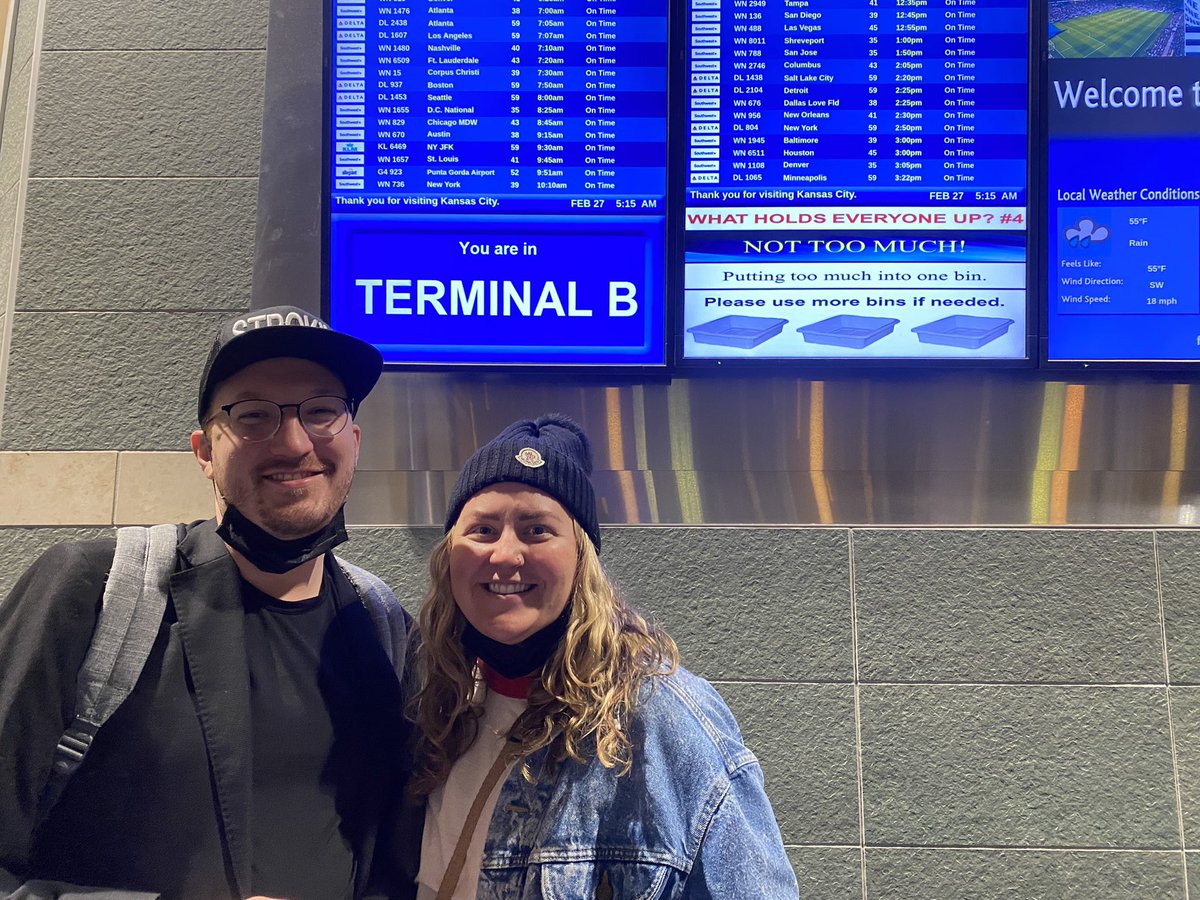 RaeDanielTV's tweet photo. Kevin and Sarah heading to CANCUN!! They’re excited to return to the new @KCIAirport terminal when they come back, saying this is exciting and a good thing for the city! Sarah told me she’s also pretty excited to be one of the last passengers flying out of the old KCI #TerminalB https://t.co/LBVpzZvjrI