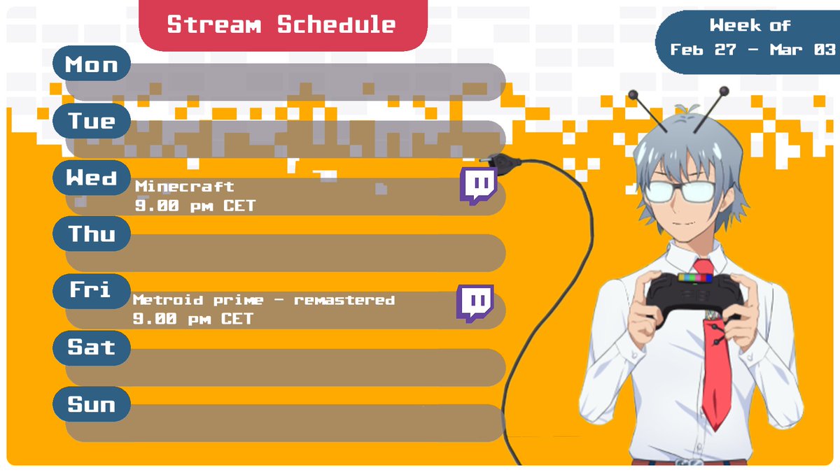 PixelBitVt's tweet photo. Good morning! ๐บ
Here's the schedule for this week!
#Vtuber #ENVtuber https://t.co/1kJlaM5Fhq