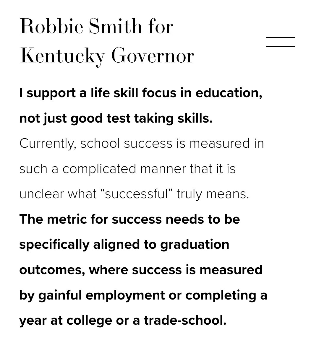 We need a new model for measuring educational success.

rsmith4gov.com
facebook.com/rsmith4gov