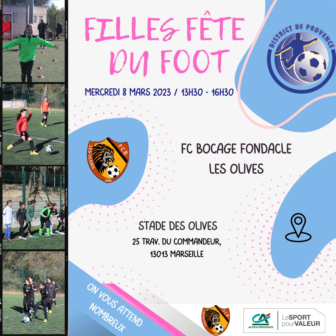 ⚽️ Le District de Provence organise la 18ème édition de FILLES FETE DU FOOT en partenariat avec le Crédit Agricole et grâce à l'accueil du club de FC Bocage Fondacle Olives ⚽️

👉 Lien d'inscription : forms.gle/44soWjJm6biXFE…

Pour plus d'informations : provence.fff.fr/.../filles-fet…