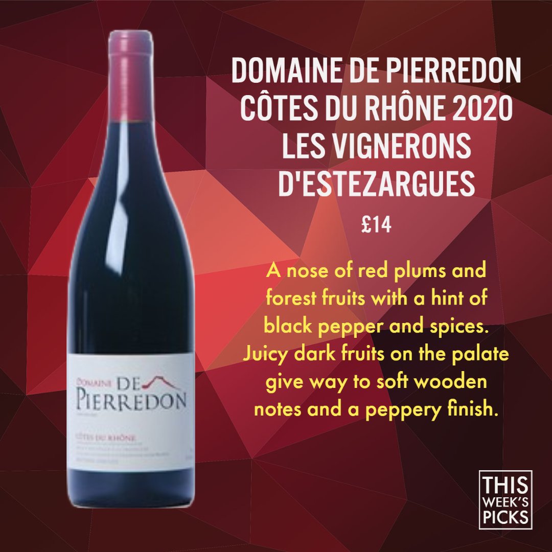This Week's Picks - DOMAINE DE PIERREDON CÔTES DU RHÔNE 2020 - A nose of red plums and forest fruits with a hint of black pepper and spices. Juicy dark fruits on the palate give way to soft wooden notes and a peppery finish. #cotesdurhone  #grenache