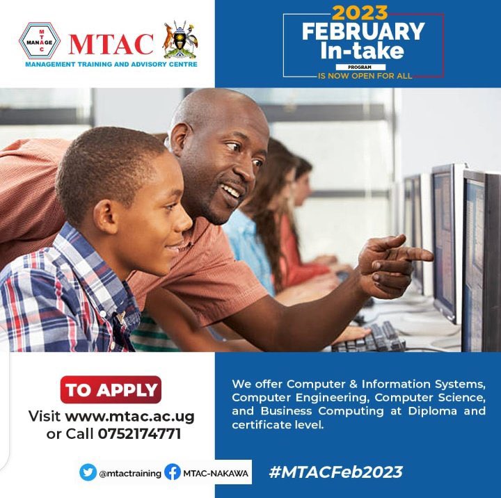 At @MTAC_UG, we offer Computer and Information Systems, Computer Engineering, Computer Science and Business Computing at Diploma and Certificate level. Call +256-752174771 or visit mtac.ac.ug for details!!
#MTACFeb2023 🥰