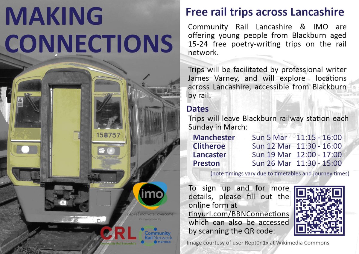 Register for this fantastic FREE opportunity to join our group, travel, and be inspired to create some fun poetry along the way! 🚂

Limited spaces are available for anyone between the ages of 15-24 years.
<a href="/WeAreLSCFT/">Lancashire & South Cumbria NHS Foundation Trust</a> <a href="/CommunityRail/">Community Rail Network</a> <a href="/xxScottSmithxx/">Scott Smith</a>
<a href="/pauljebb1/">Prof Paul 💙RN MA OStJ Prof of Practice</a> #mentalhealth
