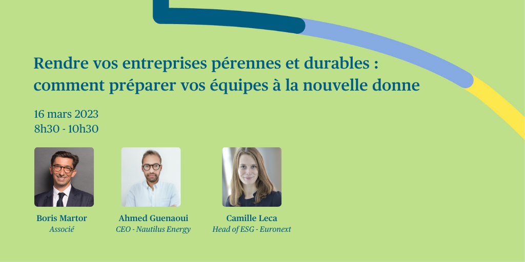 Rendez-vous le 16 mars, en présentiel ou en distanciel pour rencontrer et échanger avec <a href="/ahguena/">Ahmed Guenaoui</a>, (CEO de <a href="/nautilusenergy/">Nautilus Energy</a>), Camille Leca (Head of ESG - Groupe <a href="/euronext/">Euronext</a>) et notre associé <a href="/borismartor/">MARTOR BORIS</a>.

Informations et inscriptions ci-dessous. 👇
urlz.fr/kdEY