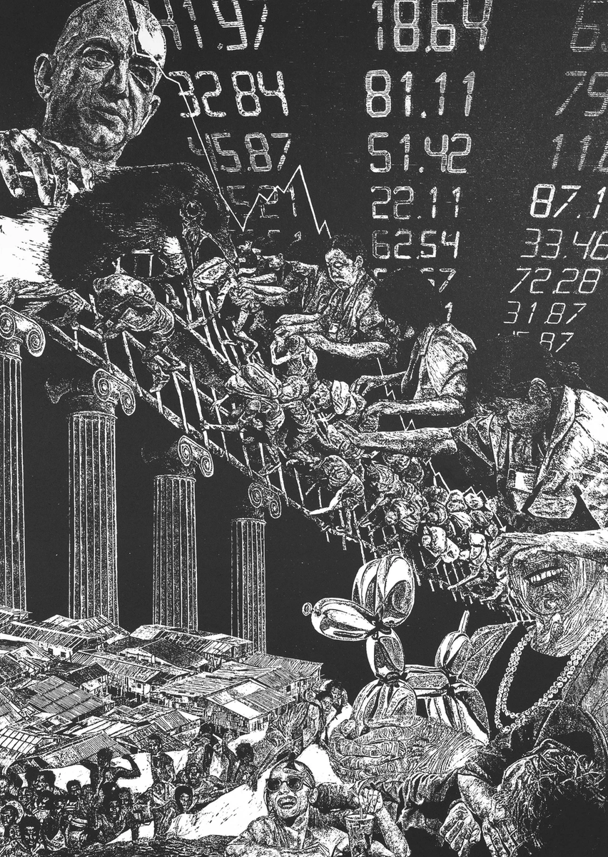 ProgIntl_br's tweet image. ARTE DA SEMANA | &quot;Avarice I&quot; é uma das xilogravuras da série 7 Pecados do Capitalismo dos artistas belgas Camille Dufour e Rafaël Klepfisch. O trabalho mostra a exploração ao longo da cadeia global de suprimentos na qual o capitalismo é construído - com Jeff Bezos no topo