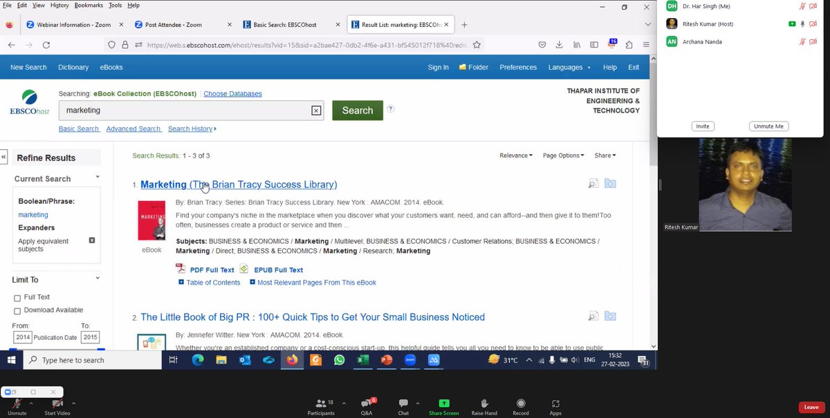 Central Library of TIET Organised an Online Training session on EBSCO Business Source Premier, EBooks, and EBSCO Mobile App on 27-02-2023 for the TIET Users.

EBSCO Business Source Primer and EBSCO E-Books Academic are subscribed by the Central Library.

cl.thapar.edu/index.php