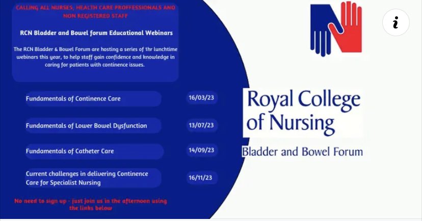 RCNContinence's tweet photo. https://t.co/4PMVvKvk81
Please click the link above to attend the webinar on the 16th March #continencematters #webinars #continenceassessment @HancockAnna https://t.co/uaxsg1F3Wp