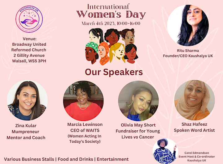 walsallforall's tweet photo. On 4th March (10am-4pm), Kaushalya UK are hosting an #InternationalWomensDay event at Broadway United Reformed Church, Gillity Avenue #Walsall featuring guest speakers, entertainment & business stalls #Women #WomensEvents #WomensEmpowerment
Find out more: https://t.co/gMVTEEOMAB https://t.co/pweniZTbBn