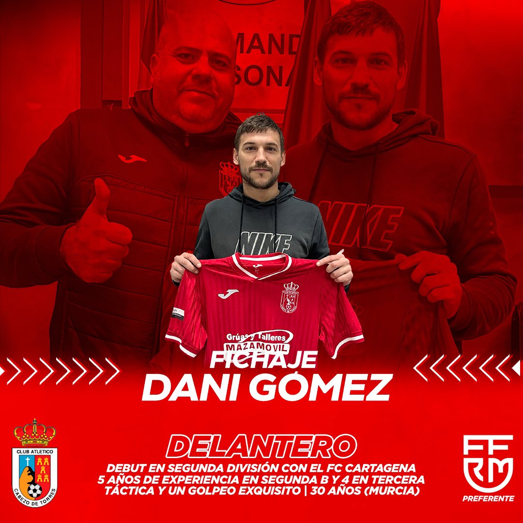 OFICIAL 🚨|

Dani Gómez, refuerzo de lujo para el ataque del Preferente.

El delantero cuenta con una táctica y golpeo exquisito.

🔙Cartagena - 2ª
Orihuela, Getafe B, Zaragoza B, Coruxo, Xátiva - 2ªB
Minerva, Minera - 3ª

¡BIENVENIDO!🙌🏻

#VamosCabezo
#SentimientoPimentonero🔴⚪️