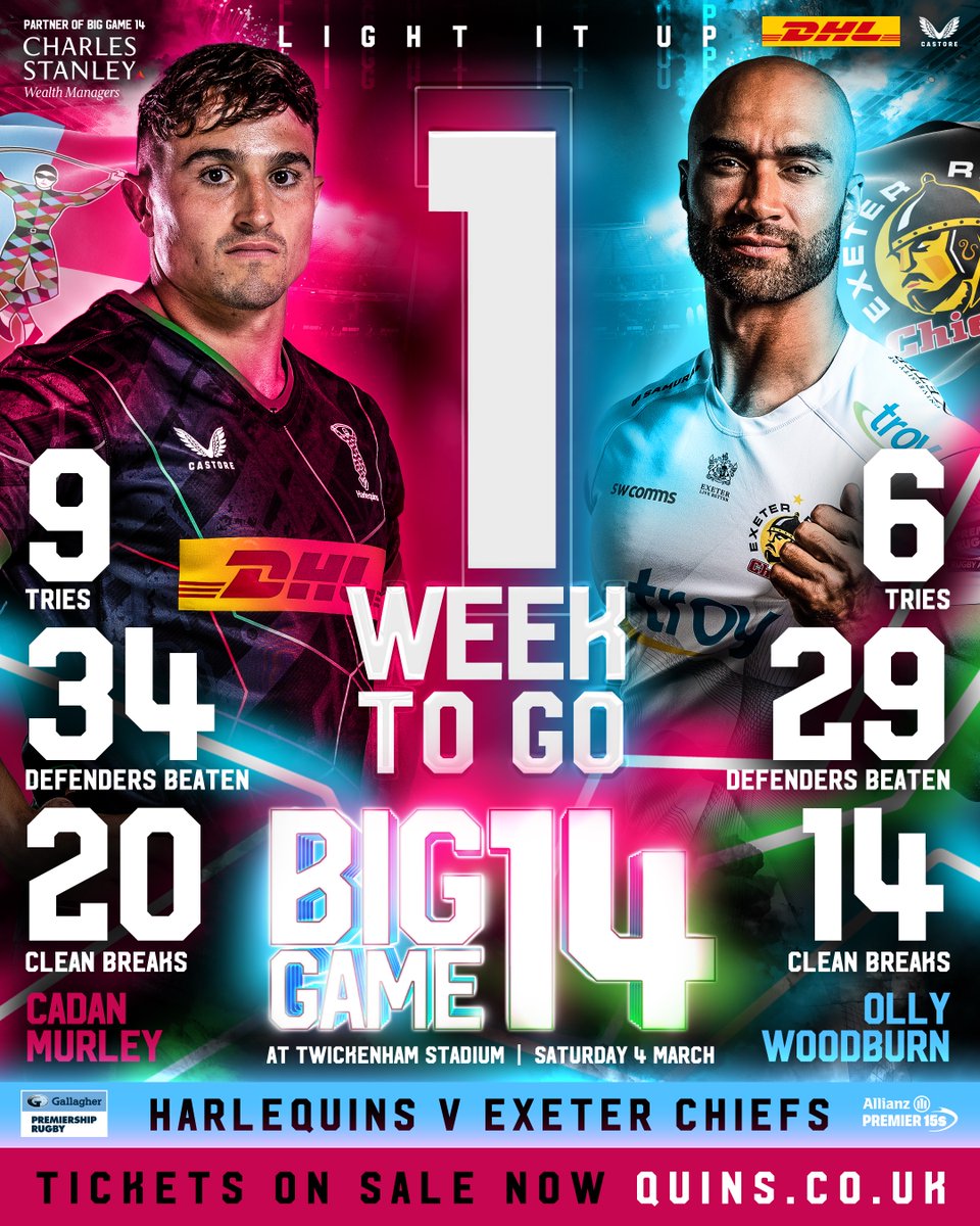 🤩 It's finally #BigGame14 week!

No one has made more clean breaks than <a href="/cadan_murley/">Cadan Murley</a> this season, two complete finishers set to battle on the wing 🔥

📲 Don't miss out and book your tickets NOW! 
eticketing.co.uk/harlequins

#COYQ