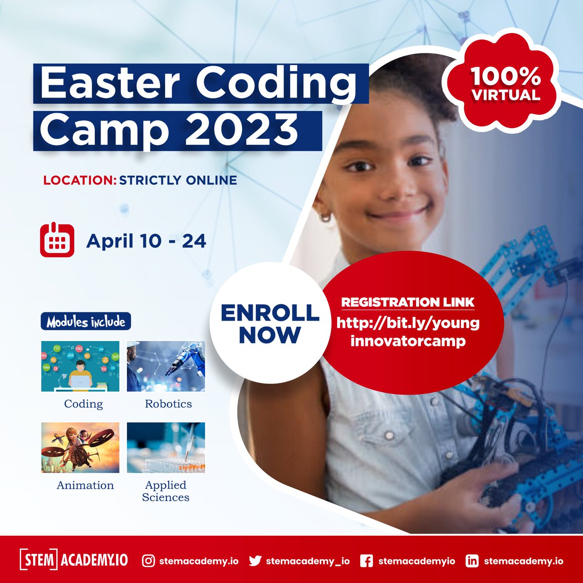 Harnessing ones creativity = greater wisdom.

Join campers at the 2023 STEM Easter Camp and get rightly started in Tech.

bit.ly/younginnovator…

REGISTRATION IS FREE.

#stemeducation #youngdevelopers #younginnovators #technology #edtech #education #programming
