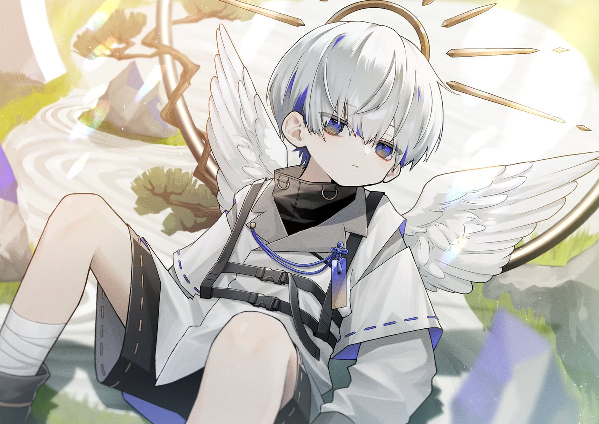 wings 1boy male focus angel wings angel halo white hair  illustration images