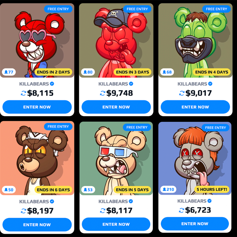 MetaWin's tweet photo. 7 DAILY FREE TO ENTER Killa Bears NFT competitions are now LIVE on MetaWin. $50,000 up for grabs.  

Claim your free entry at: https://t.co/YQa0I8g8bO