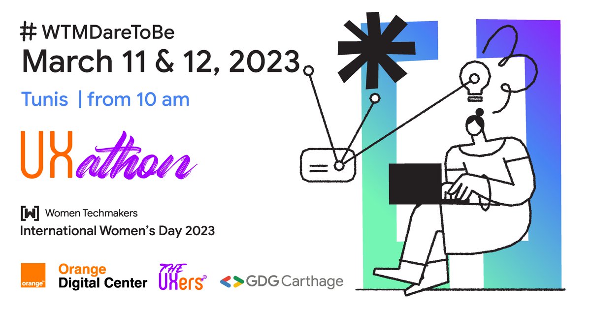 Réserver une place pour faire partie de l'aventure #UXathon! 👉 bit.ly/3IvDhY1
À l’occasion de #la_Journée_internationale_des_femmes , #OrangeDigitalCenter, <a href="/womentechmakers/">Women Techmakers</a> et @theuxerstn se réunissent 🤝 pour organiser le #International_Womens_Day 2023 #UXathon 👸💻