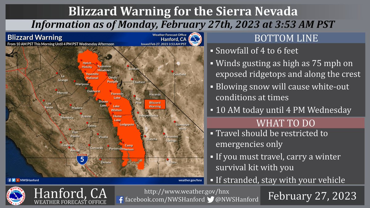 A Blizzard Warning is in effect for the Sierra Nevada from 10 AM PST this morning until 4 PM PST Wednesday afternoon. Damaging winds and heavy snow could down trees and power lines. Travel is not advised. #CAwx