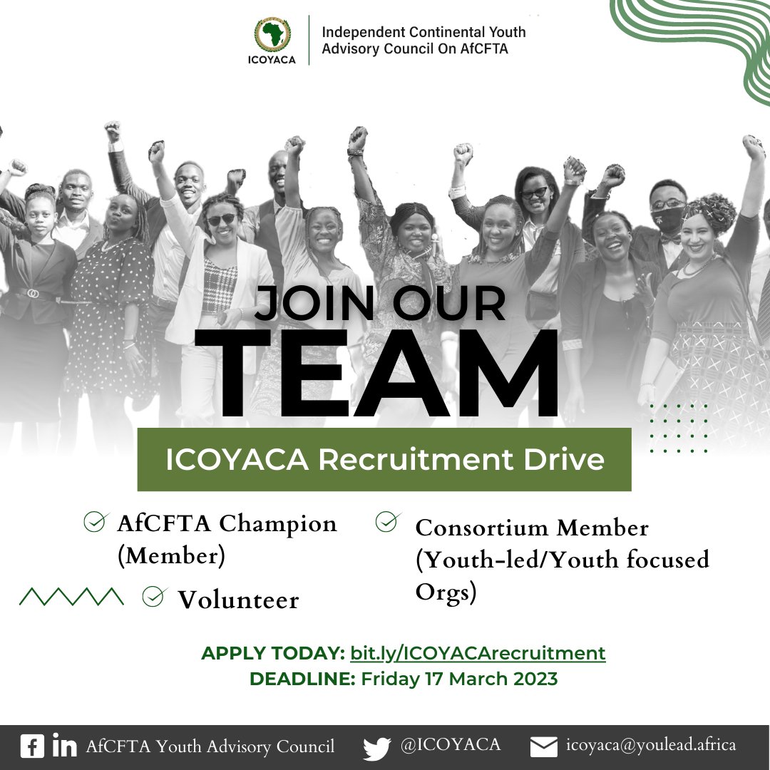 JOIN OUR TEAM!!! Are you one of the following: 1. African youth in trade 2. Youth interested in trade governance 3. Youth-led organisation keen on working w/ us? Then apply to join @ICOYACA as an #AfCFTAChampion, volunteer or consortium member here: bit.ly/ICOYACArecruit…