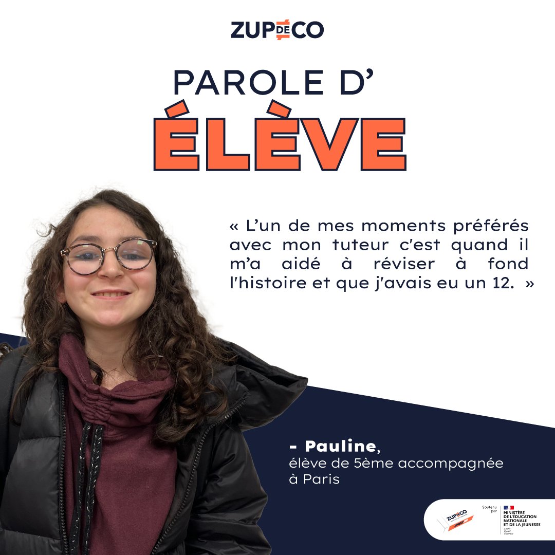 ZUPdeCO (@zupdeco) on Twitter photo 📣 Parole d’élève ! 
“Les séances avec les bénévoles nous aident à mieux nous concentrer en classe, c'est super. Je reprends confiance en moi et je comprends mieux les devoirs.”
- Pauline, élève de 5ème à Paris.
#Deviens1héros ! 🚀
tuteurs.zupdeco.org 📣 Parole d’élève ! 
“Les séances avec les bénévoles nous aident à mieux nous concentrer en classe, c'est super. Je reprends confiance en moi et je comprends mieux les devoirs.”
- Pauline, élève de 5ème à Paris.
#Deviens1héros ! 🚀
tuteurs.zupdeco.org