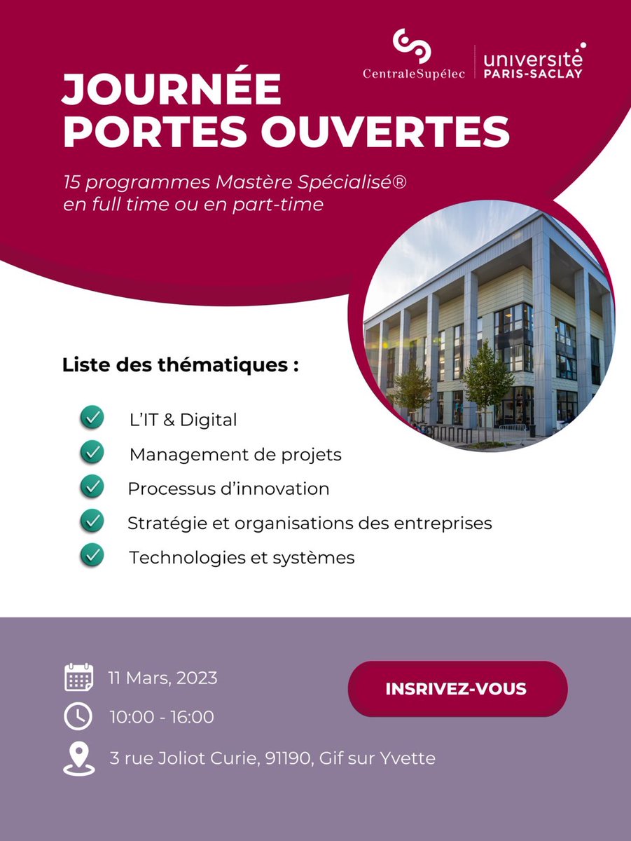 📣 <a href="/centralesupelec/">CentraleSupélec</a> et <a href="/CentraleSupExed/">CentraleSupélec Exed</a> organisent une Journée Portes Ouvertes dédiée aux Mastères Spécialisés 👨‍🎓

🗓️ samedi 11.03.23 : 10h-16h
📍 campus de Paris-Saclay
👉  Inscription : my.weezevent.com/journee-portes…

➡️ + d’info sur nos MS : exed.centralesupelec.fr/home-ms/

Venez nombreux !