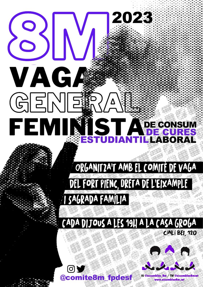 Seguin contruint juntes un 8 de març combatiu i lliure d'opressions✊

Organitza't amb el comitè de vaga del Fort Pienc, la Dreta de l'Eixample i Sagrada Família cada dijous a les 19h a la Casa Groga (c/Alí Bei, 120).

Estigueu atentes a les xarxes que això no acaba aquí🔥💜