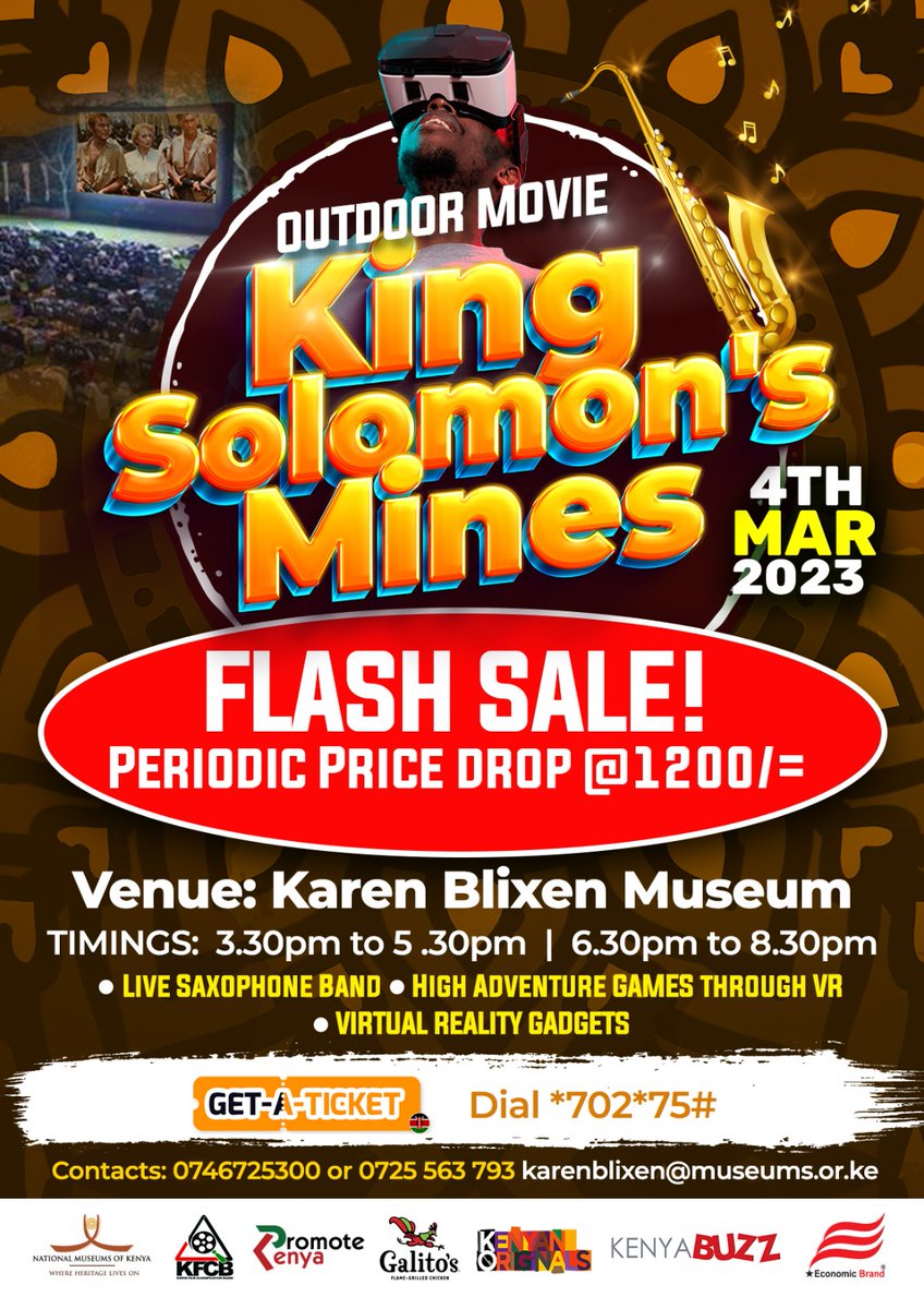 ntvkenya's tweet photo. Experience an unforgettable night of adventure, music, and games this Saturday, March 4th at the Karen Blixen Museum

Watch ‘King Solomon’s Mines’ on a giant LED screen, listen to live saxophone music and more at KES 1,200.

Get your ticket on @KenyaBuzz 
https://t.co/57mKicQOIH https://t.co/AemQhmIdgH