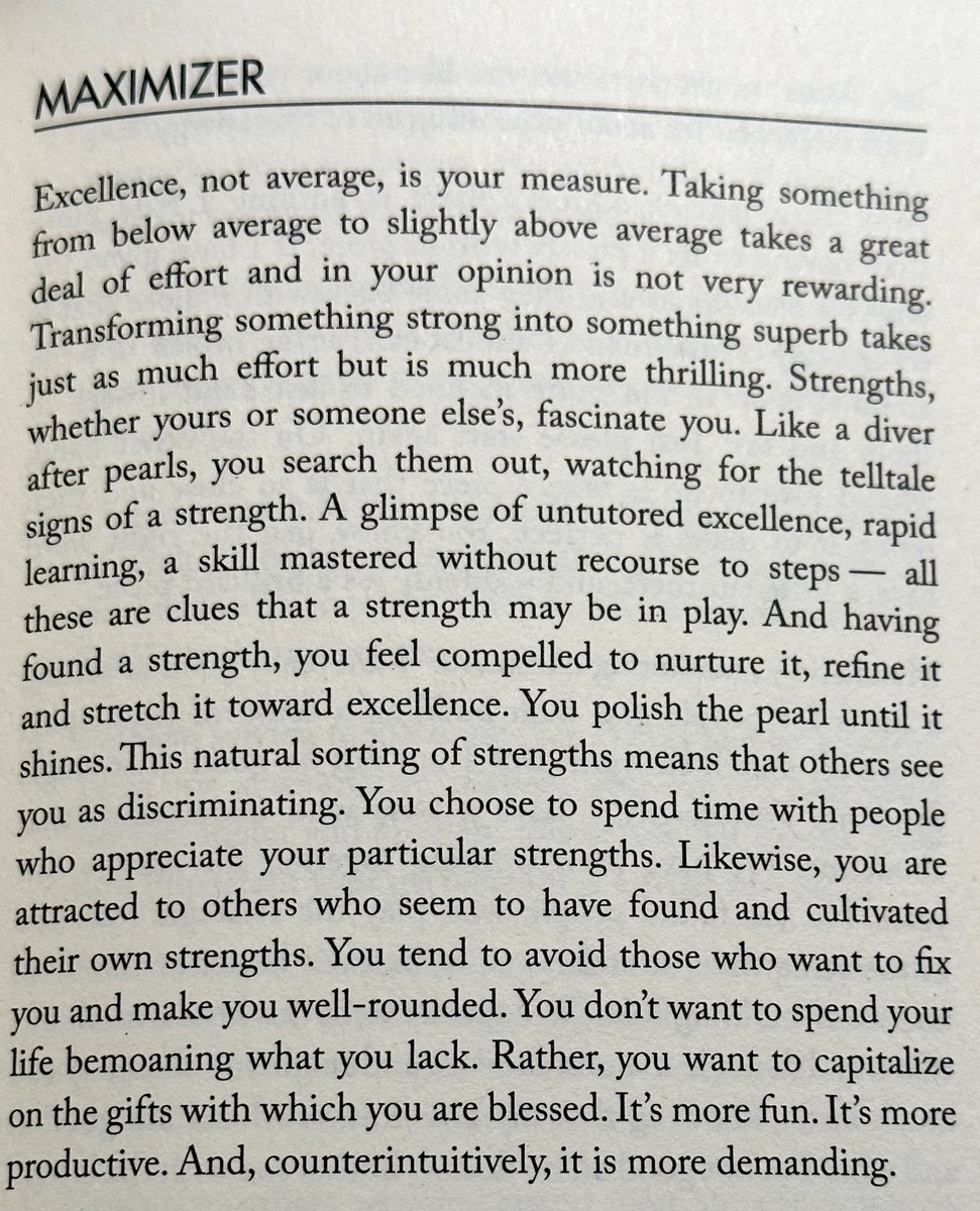 GuyDanhoff's tweet image. One #leadership Strengths Test  assessment I found insightful from Clinton’s StrengthFinder Themes was #Maximizer 

“Not trying to be everything is smart. Not working on everything, but rather emphasizing the development of selected powerful talents, is the route to excellence.”