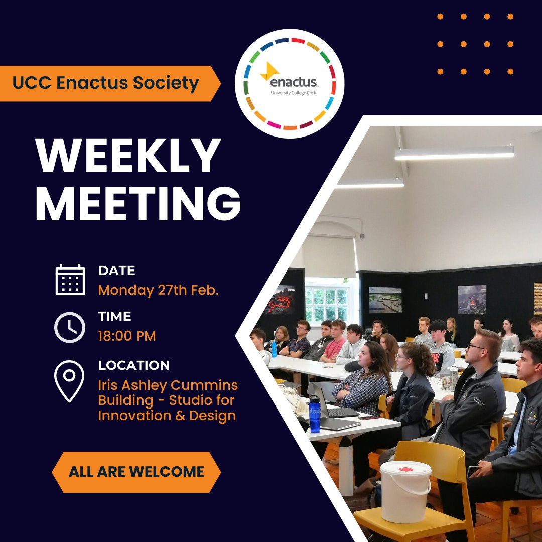 UCC Enactus Society (@uccenactus) on Twitter photo Our weekly meeting is tonight as usual at 6pm in the Studio for Innovation & Design. Getting ready for a busy week ahead with the <a href="/enactusIreland/">Enactus Ireland - Inactive</a> Spring Summit and the Community Market with <a href="/UCCSU/">UCC Students' Union</a> all happening on Friday. #WeAllWin #EnactusUCC Our weekly meeting is tonight as usual at 6pm in the Studio for Innovation & Design. Getting ready for a busy week ahead with the <a href="/enactusIreland/">Enactus Ireland - Inactive</a> Spring Summit and the Community Market with <a href="/UCCSU/">UCC Students' Union</a> all happening on Friday. #WeAllWin #EnactusUCC
