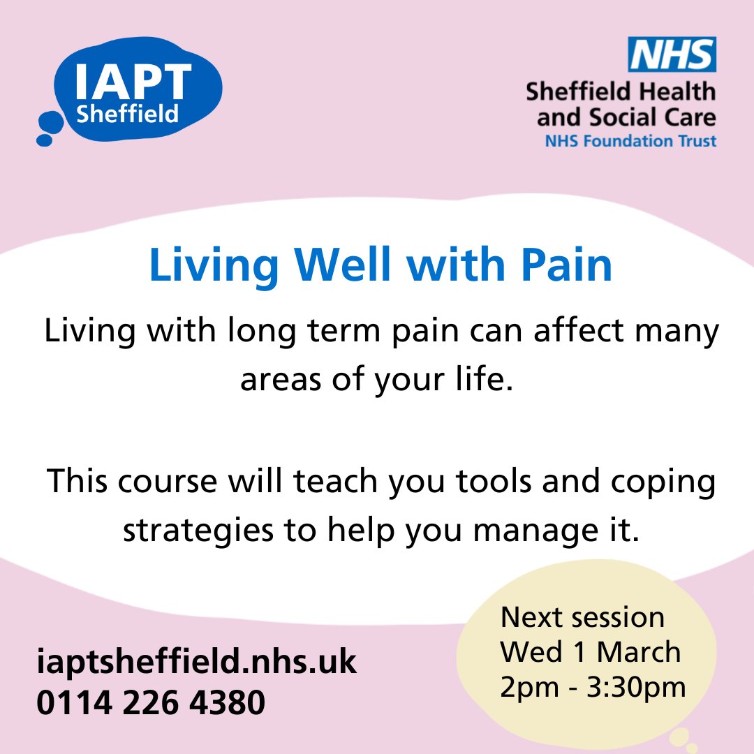 Sheffield Health and Social Care NHS FT (@shscft) on Twitter photo Living with pain can be difficult, but our IAPT team are on hand to help support you.
💻Visit: iaptsheffield.nhs.uk/courses/living…
📞Or call: 0114 226 4380
<a href="/RethinkSHEFF/">Rethink Mental Illness Sheffield</a> <a href="/SheffieldMind/">Sheffield Mind Ltd</a> Living with pain can be difficult, but our IAPT team are on hand to help support you.
💻Visit: iaptsheffield.nhs.uk/courses/living…
📞Or call: 0114 226 4380
<a href="/RethinkSHEFF/">Rethink Mental Illness Sheffield</a> <a href="/SheffieldMind/">Sheffield Mind Ltd</a>