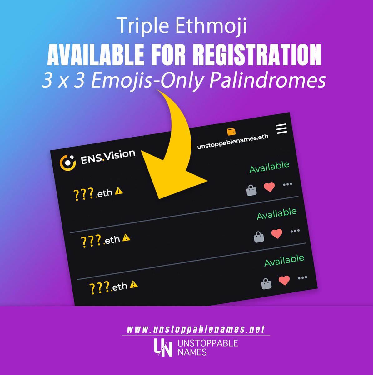 Register the last 3 available Triple Ethmojis Palindromes 🔥

Three more: swiy.co/TripleEthmoji

#ens #ensd #ensdomains #ethmoji #palindrome #ethdomain #web3 #goldenbezos  #ensvision #ETHDenver #emojidomain #web3domains #UDfam