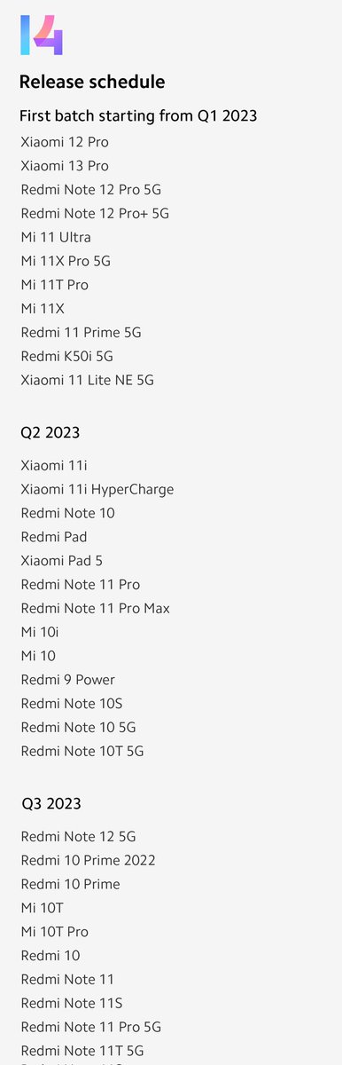 IshanWankhade's tweet photo. MIUI 14 India Rollout Schedule ↓

#MIUI14launch #MIUI14 #Xiaomi13Series https://t.co/rrI8AVCBqL