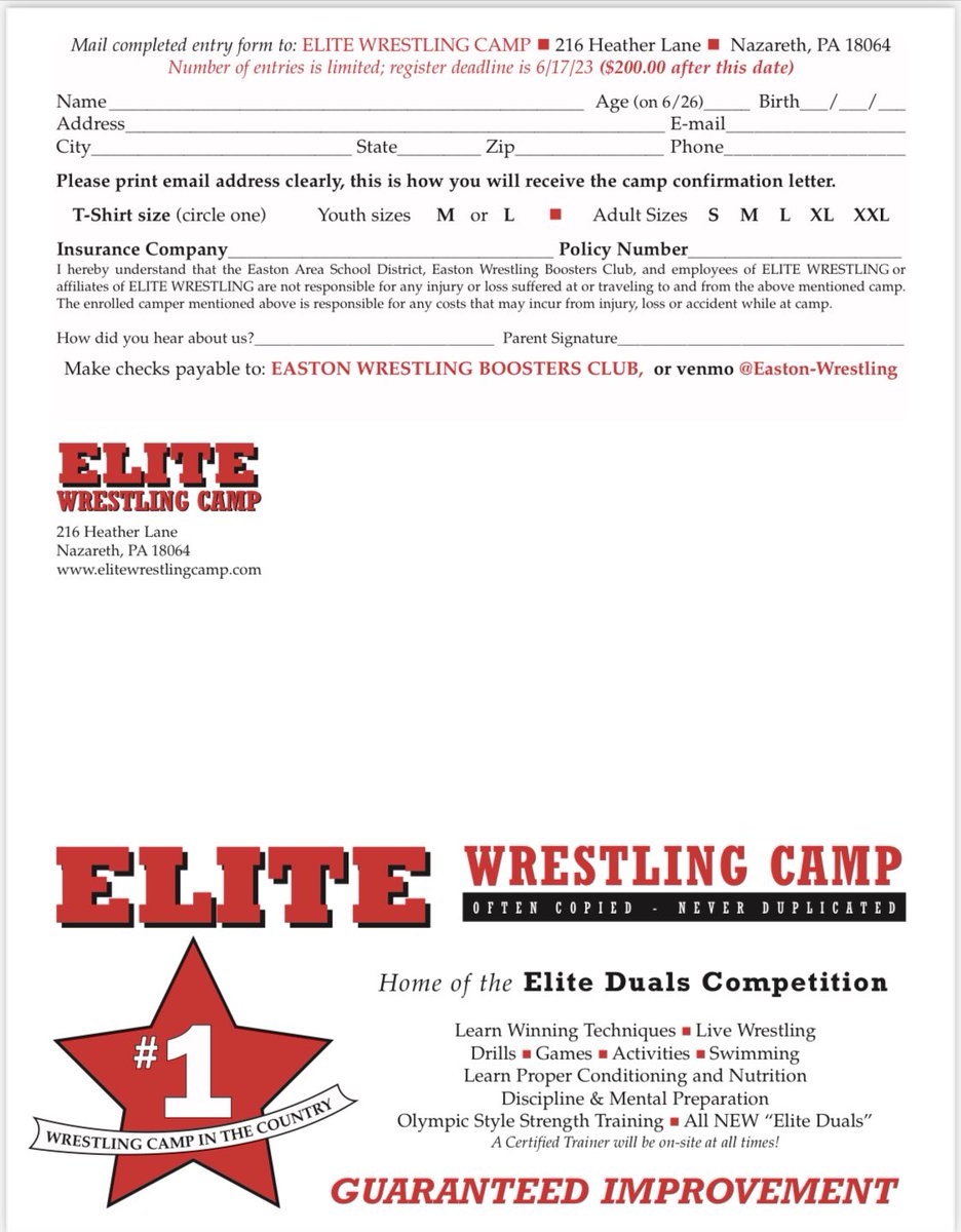 Elite Wrestling Camp June 26-30! Entries are strong already don’t miss out :
elitewrestlingcamp.com