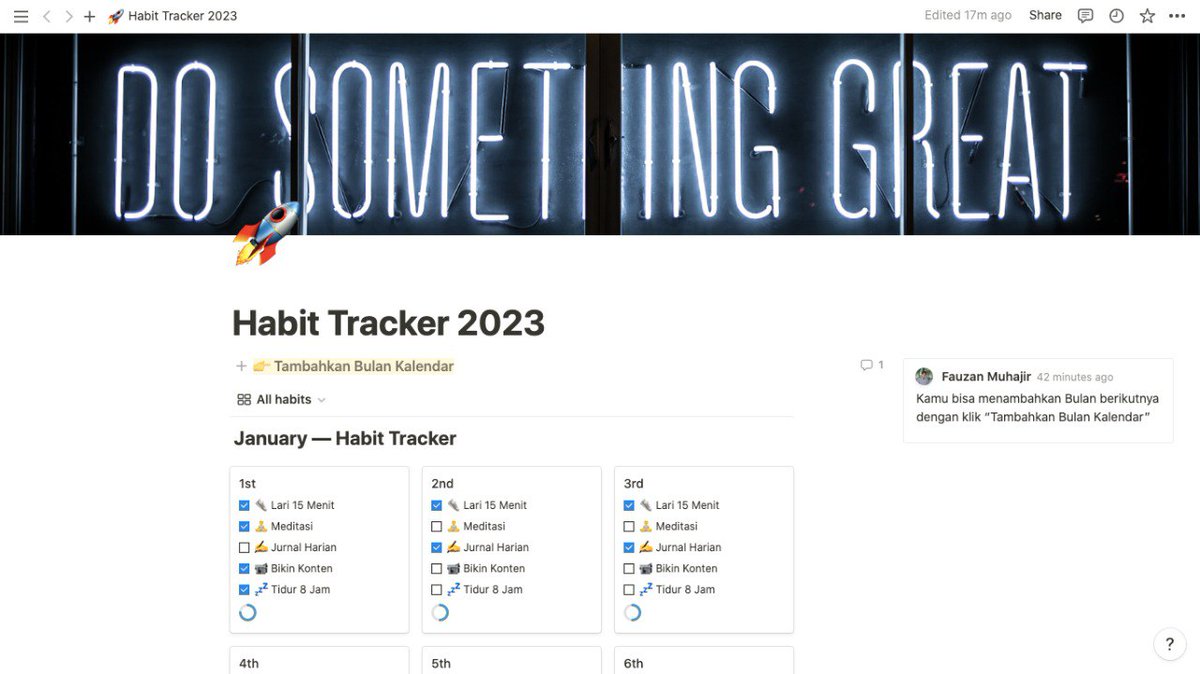 Goal tanpa suatu Habit akan menjadikan goal tersebut sulit dicapai

Membuat "Habit Tracker" adalah salah satu jalan agar goal kita tercapai

Aku ada punya template 🚀 Habit Tracker 2023 🚀

GRATIS! Like &amp; komen "Habit", aku akan DM kamu.

(Must be following or I can't send)