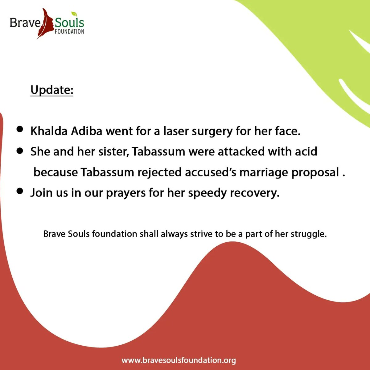 Join us in our prayers for Khalda's speedy recovery.
#acidattacksurvivors #survivors #bravesouls
#speedyrecovery #strongwomen #stopacidattacks #stopviolenceagainstwomen #genderbasedviolence #hope #inspiration