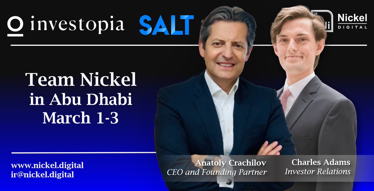 Heading to the <a href="/investopia_ae/">Investopia</a> x <a href="/SALTConference/">SALT</a> in Abu Dhabi?

Reach out to <a href="/Crachilov/">Anatoly Crachilov, CEO Nickel Digital</a> or <a href="/charles_adams_/">Charles Adams</a> to meet up.

#Investopia2023 #Investopia #Salt